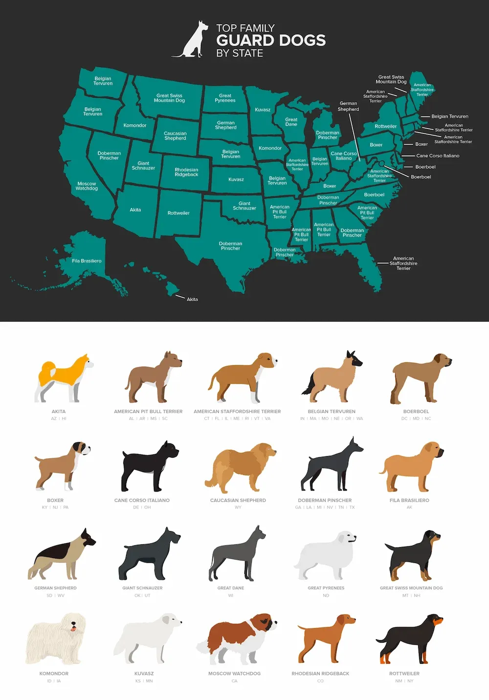 A U.S. map infographic showing the top family guard dog breed by state, with a key of 21 breeds below.